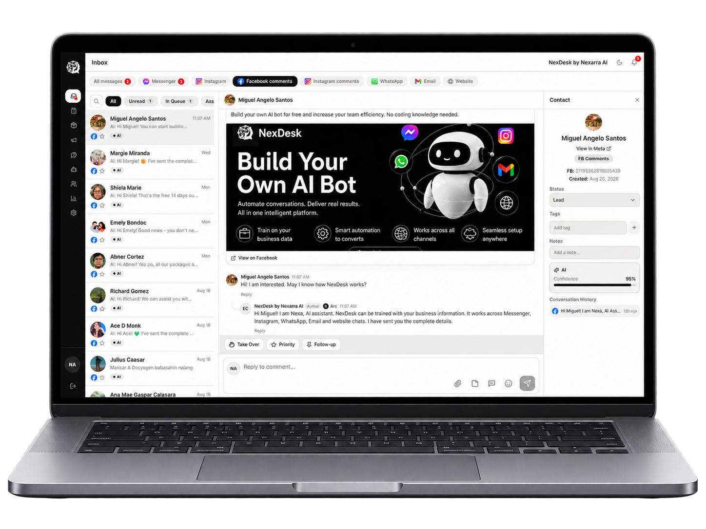 NexDesk inbox shown on a laptop