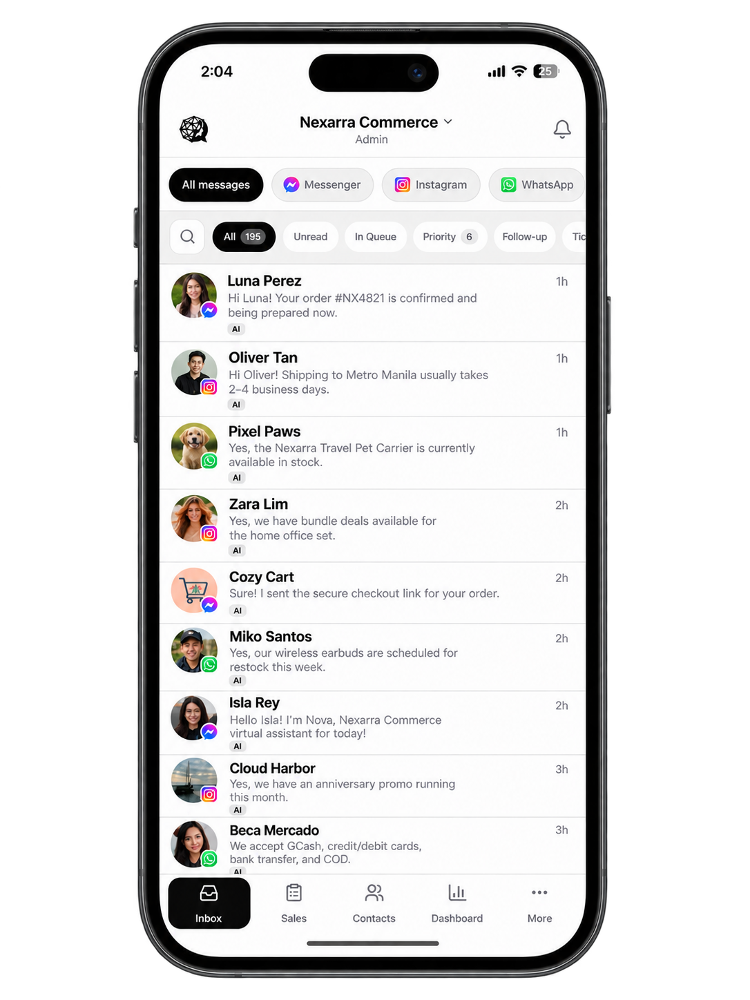 NexDesk unified inbox shown on a phone
